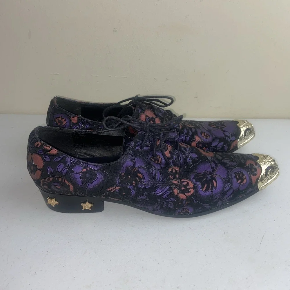 CH KWOK Mens Pointed Toe Floral Gold Cap Shoes Leather Nightclub Party Sz46 12 - Picture 1 of 12